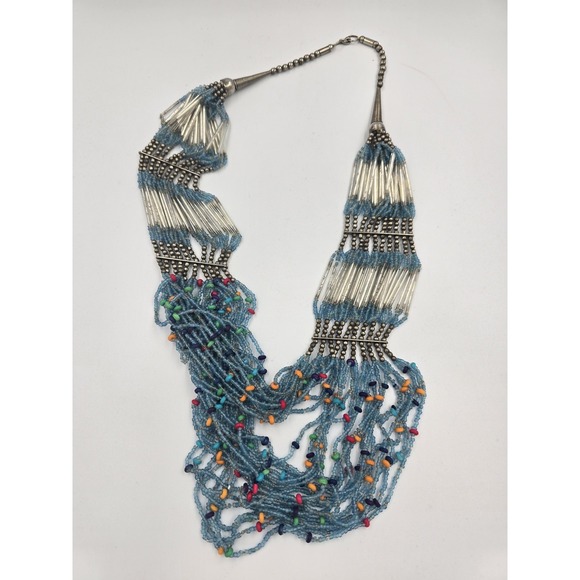 Ethnic Tribal Style Beaded Multistrand Statement Necklace Blue Silver Tone - Picture 4 of 9
